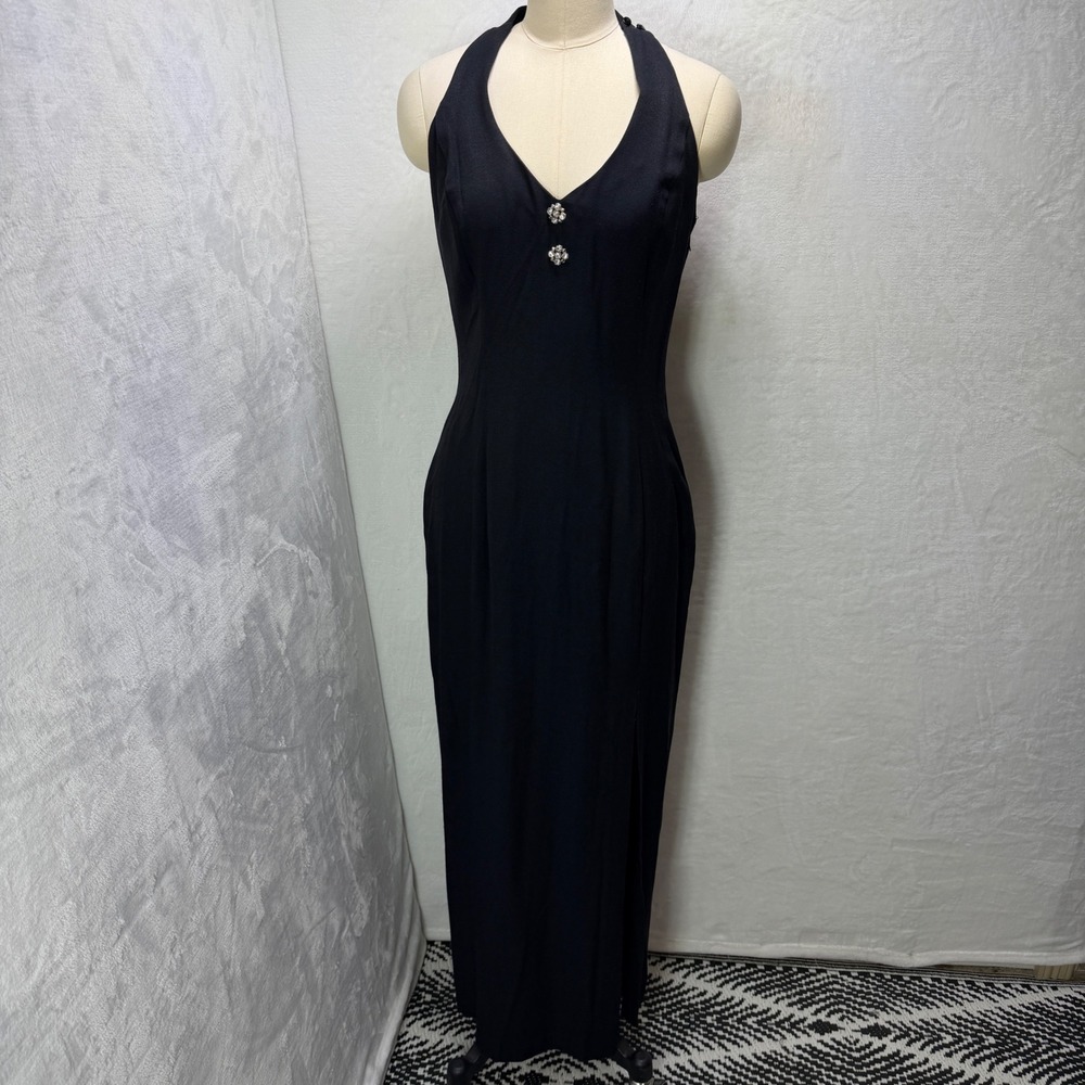 VTG Jessica McClintock Gunne Sax Womens 11/12 Black Halter Maxi Evening Dress **